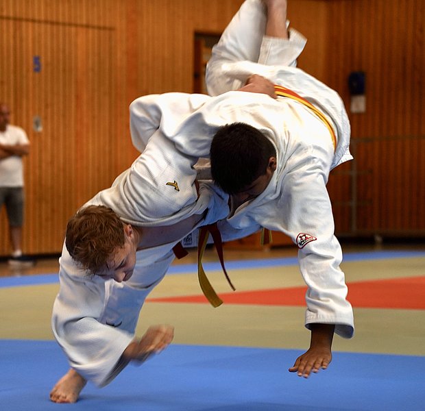 Zwei Judoka in weißen Anzügen kämpfen auf der Matte. Der eine Judoka führt einen Wurf aus, während der andere in der Luft unterwegs ist. Die Szene vermittelt Dynamik und sportliche Aktion, umgeben von einer typischen Judohalle mit Matten und Holzvertäfelung.