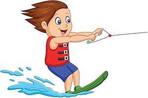 Ein fröhlicher Junge mit braunen Haaren trägt eine Schwimmweste und fährt auf Wasserskiern. Er hält ein Seil in der Hand und fährt über die Wasseroberfläche, während Spritzer um ihn herum fliegen.