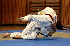 Zwei Judoka in weißen Anzügen kämpfen auf einer Matte. Einer der Kämpfer führt einen Wurf aus, während der andere versucht, sich zu verteidigen. Die Szene zeigt die Dynamik und Technik des Judo-Sports.