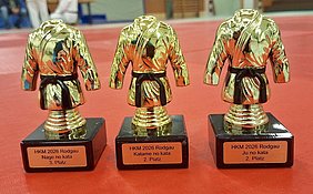 Drei goldene Trophäen in Form von Judokas, die auf schwarzen Sockeln stehen. Die Trophäen sind mit den Plätzen ausgezeichnet: links "3. Platz, Nage no kata", in der Mitte "2. Platz, Katame no kata", rechts "2. Platz, Ju no kata". Hintergrund in Rot.