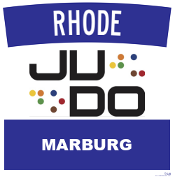 Logo des Judo-Vereins "Rhode Judo" aus Marburg. Der Schriftzug "JU DO" ist in großen, klaren Buchstaben dargestellt, begleitet von bunten Punkten in verschiedenen Farben. Der Hintergrund ist in blauer Farbe gehalten.